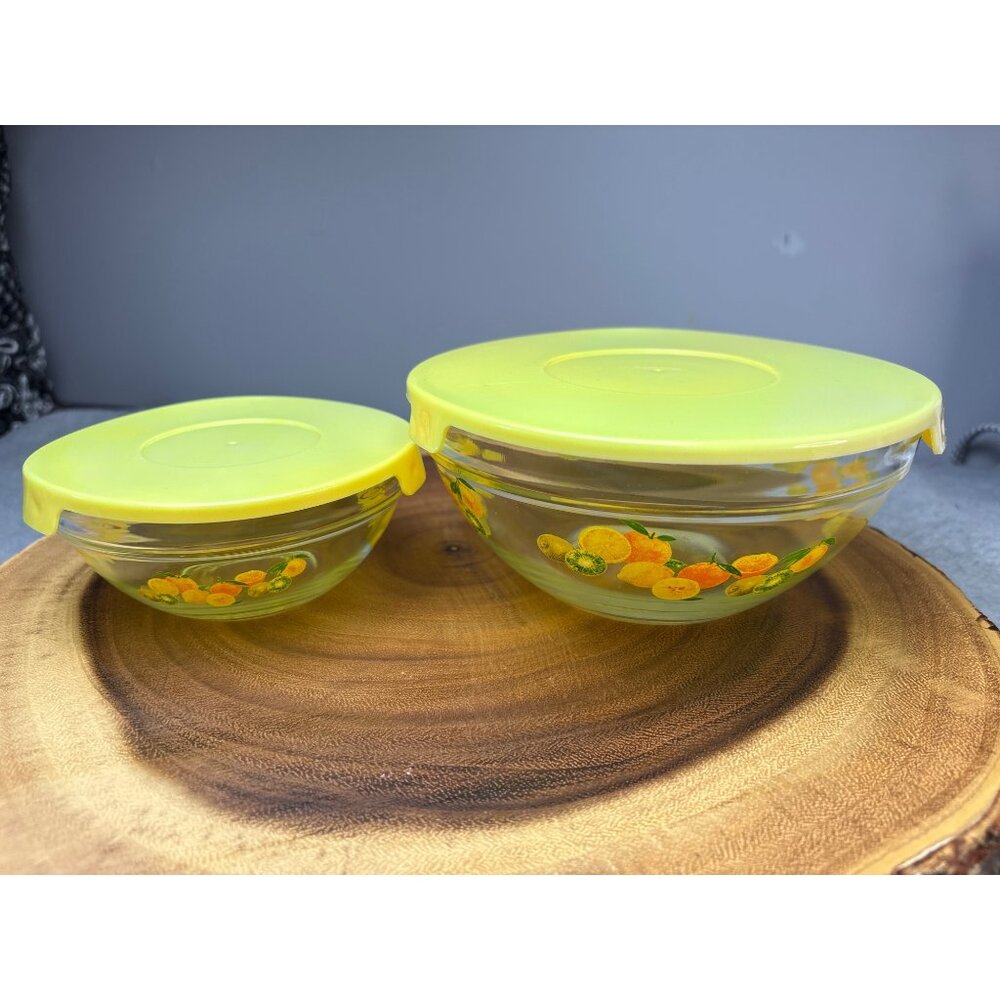 Nesting Glass Bowls with Citrus Design & Yellow Lids Set Vintage